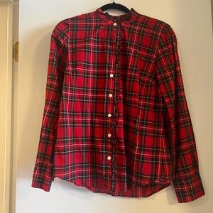 J Crew red plaid button up with ruffle